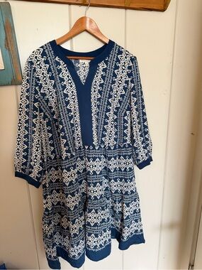 Fig + Flower 2X Navy Cream Ikat Boho Tiered Dress NWT